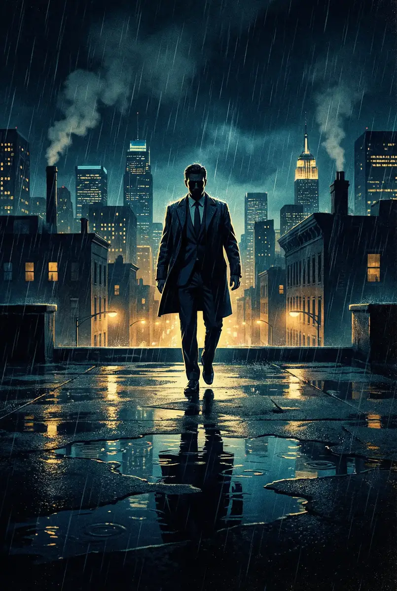 亨利和琼 出品影片《雨夜独行者》海报，雨中城市屋顶男性剪影